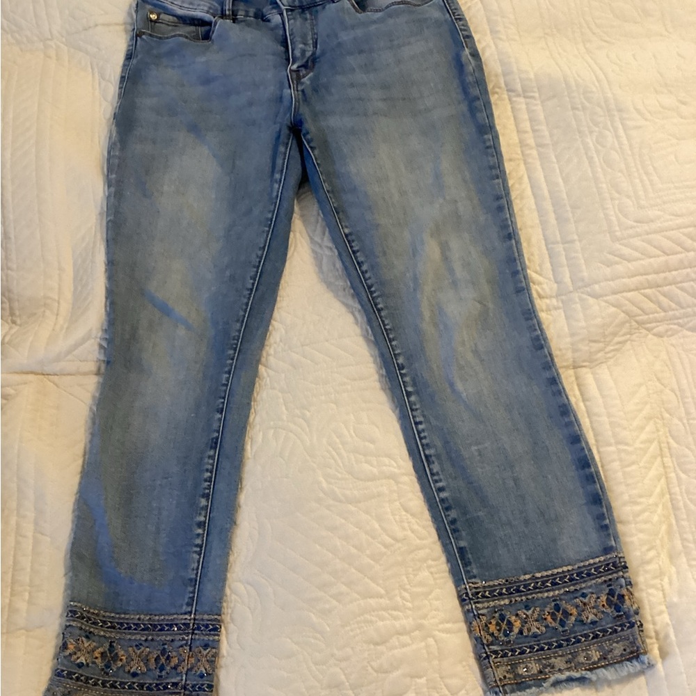 Tribal Light Blue Cropped Jeans with Embroidered Hem